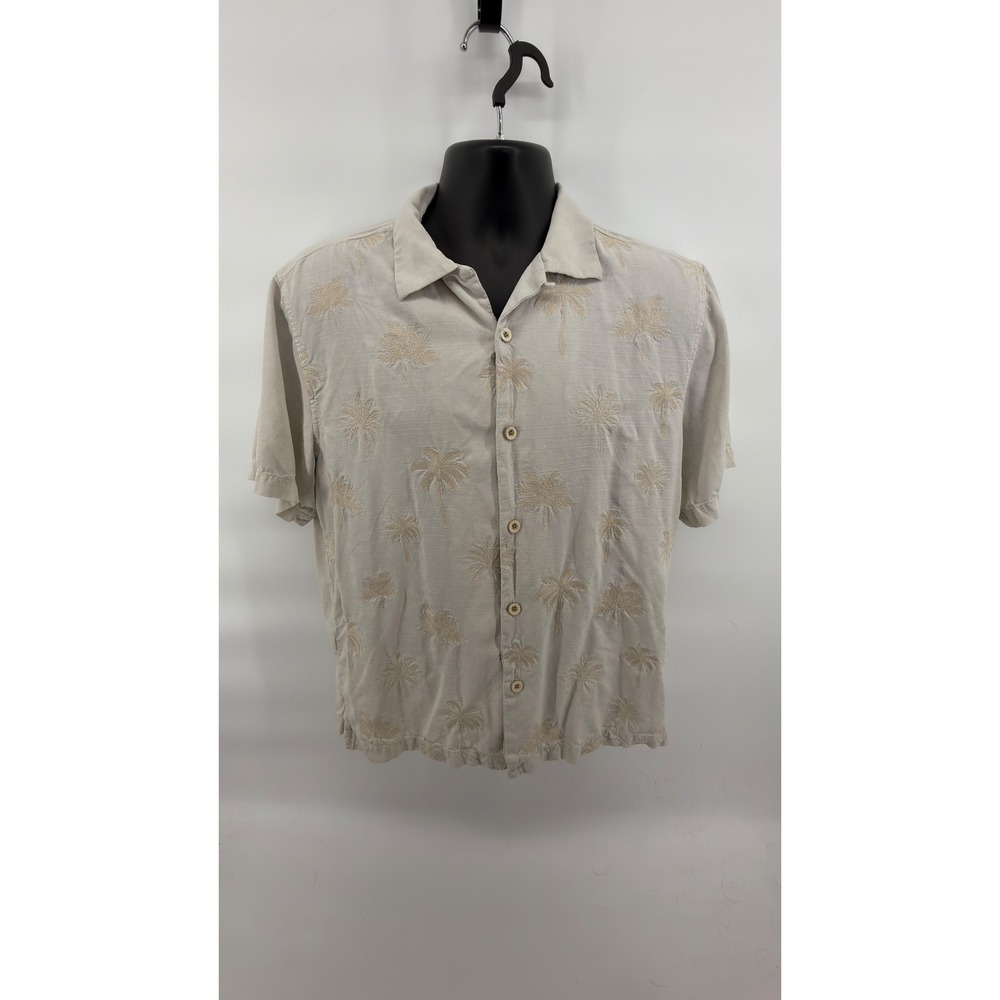 Tommy Bahama Mens‎ M Silk Shirt Beige Embroidered Palm Tree Short Sleeve Button